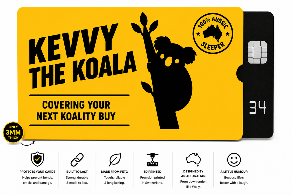 A novelty credit card-style product labeled 'KEVBY THE KOALA' on a bright yellow card, shown alongside a black SIM card. The design includes a koala silhouette, a circular '100% Aussie Sleeper' badge, and a strip of feature icons along the bottom on a white background.