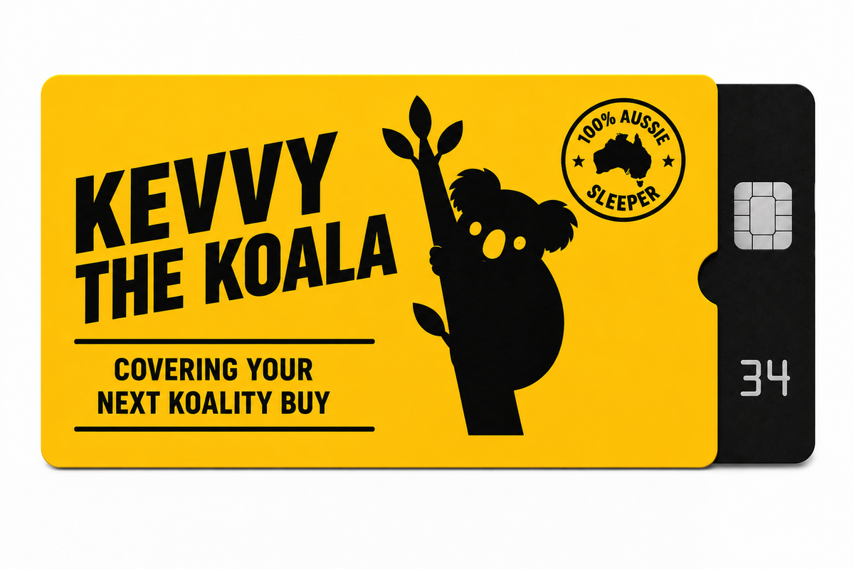 A novelty credit card-style gift card or voucher on a white background. The card is bright yellow with bold black text reading 'KEVY THE KOALA' and 'COVERING YOUR NEXT KOALITY BUY,' plus a black koala silhouette and a circular '100% Aussie Sleeper' badge.