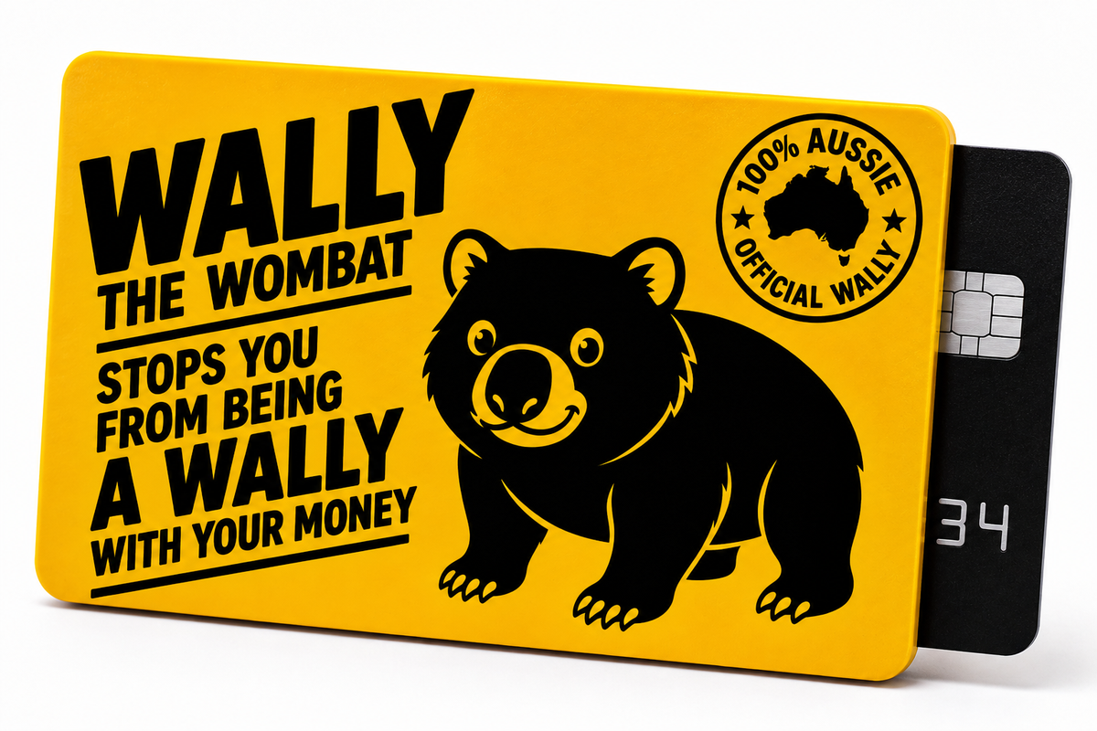 Wally the Wombat yellow card sleeve displayed against a clean white background, clearly showing the full Official Wally design, Australian insignia, black card holder and slim 3mm profile. The image provides a clear view of the sleeve and its printed artwork.