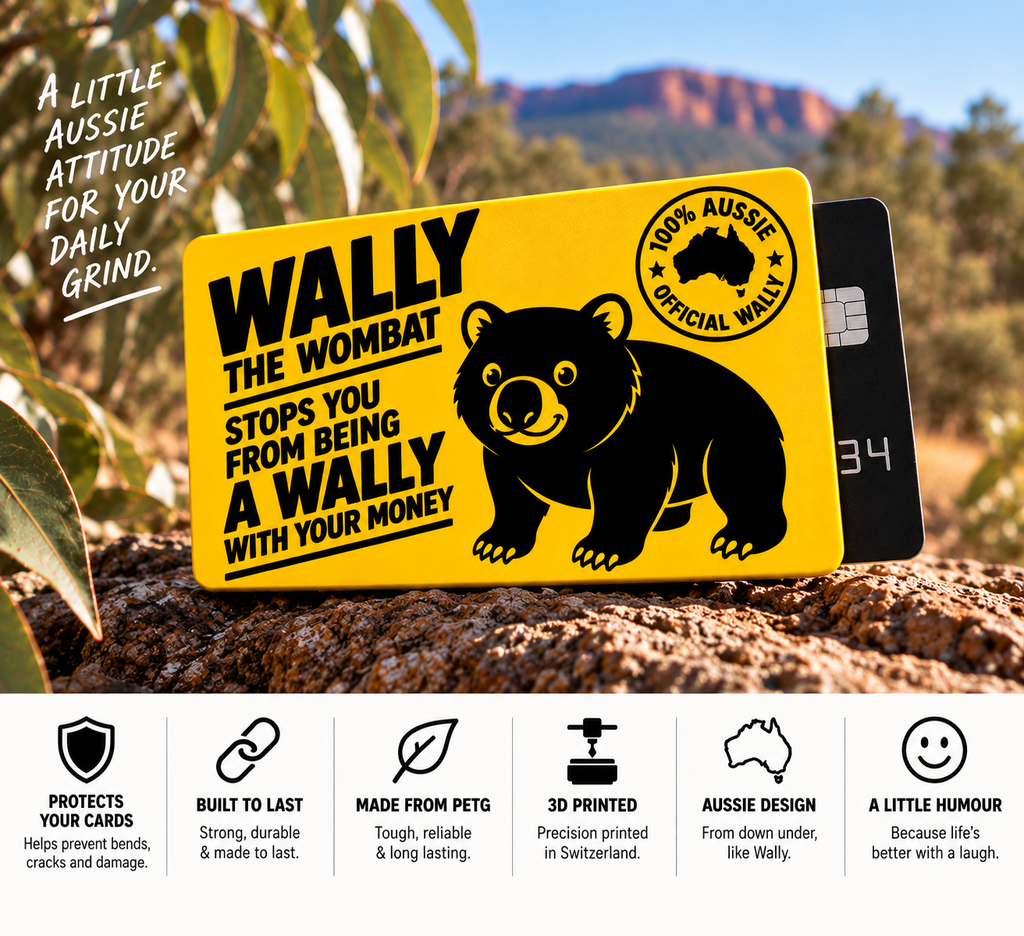 Wally the Wombat card sleeve displayed against the Australian bush, highlighting its sturdy and lightweight design, PETG construction, Swiss 3D printing, Australian-inspired artwork and everyday card protection. The yellow sleeve features Wally the Wombat and the Official Wally Australian insignia, with a clean feature panel below explaining the key product benefits.