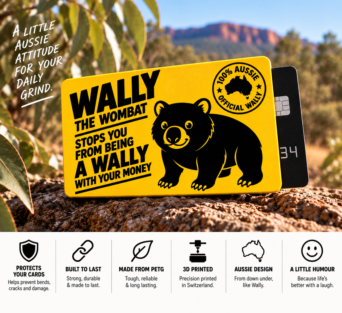 Wally the Wombat card sleeve displayed against the Australian bush, highlighting its sturdy and lightweight design, PETG construction, Swiss 3D printing, Australian-inspired artwork and everyday card protection. The yellow sleeve features Wally the Wombat and the Official Wally Australian insignia, with a clean feature panel below explaining the key product benefits.