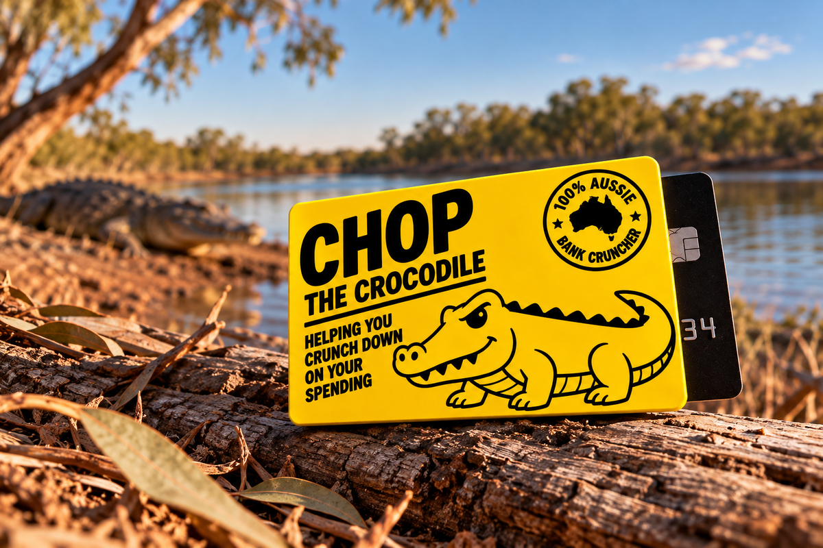 Chop the Crocodile yellow card sleeve resting on a weathered fallen eucalyptus branch beside an Australian river, with a crocodile softly blurred on the distant riverbank. The natural Australian setting showcases the sleeve as an everyday card accessory with a distinctly Australian character.