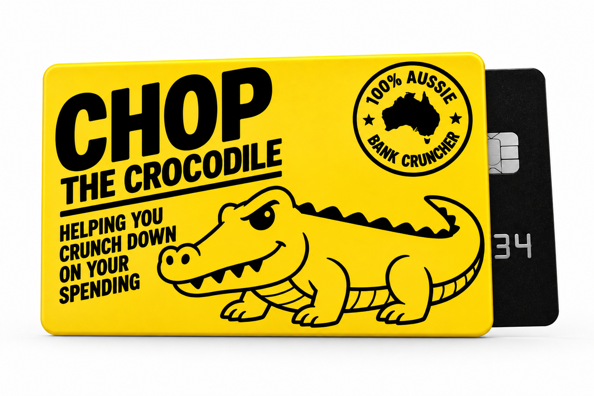 Chop the Crocodile yellow card sleeve displayed against a clean white background, clearly showing the full sleeve design, bold black artwork, 100% Aussie Bank Cruncher insignia and partially inserted standard-sized bank card. The image provides a clear view of the product and its printed design.