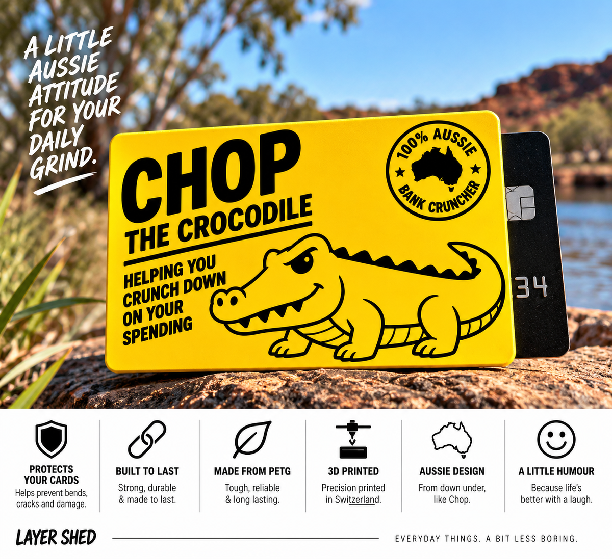 Chop the Crocodile card sleeve displayed in an Australian outdoor setting, with a feature panel highlighting card protection, durable PETG construction, Swiss 3D printing, Australian design and Layer Shed humour. The yellow sleeve features the Chop the Crocodile artwork and 100% Aussie Bank Cruncher insignia.
