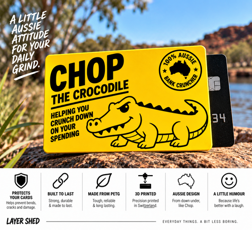 Chop the Crocodile card sleeve displayed in an Australian outdoor setting, with a feature panel highlighting card protection, durable PETG construction, Swiss 3D printing, Australian design and Layer Shed humour. The yellow sleeve features the Chop the Crocodile artwork and 100% Aussie Bank Cruncher insignia.