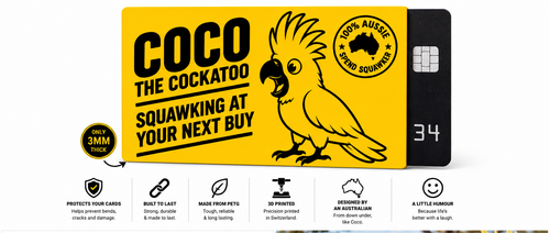 Coco the Cockatoo yellow card sleeve infographic showing card protection, PETG construction, Swiss 3D printing and Australian design