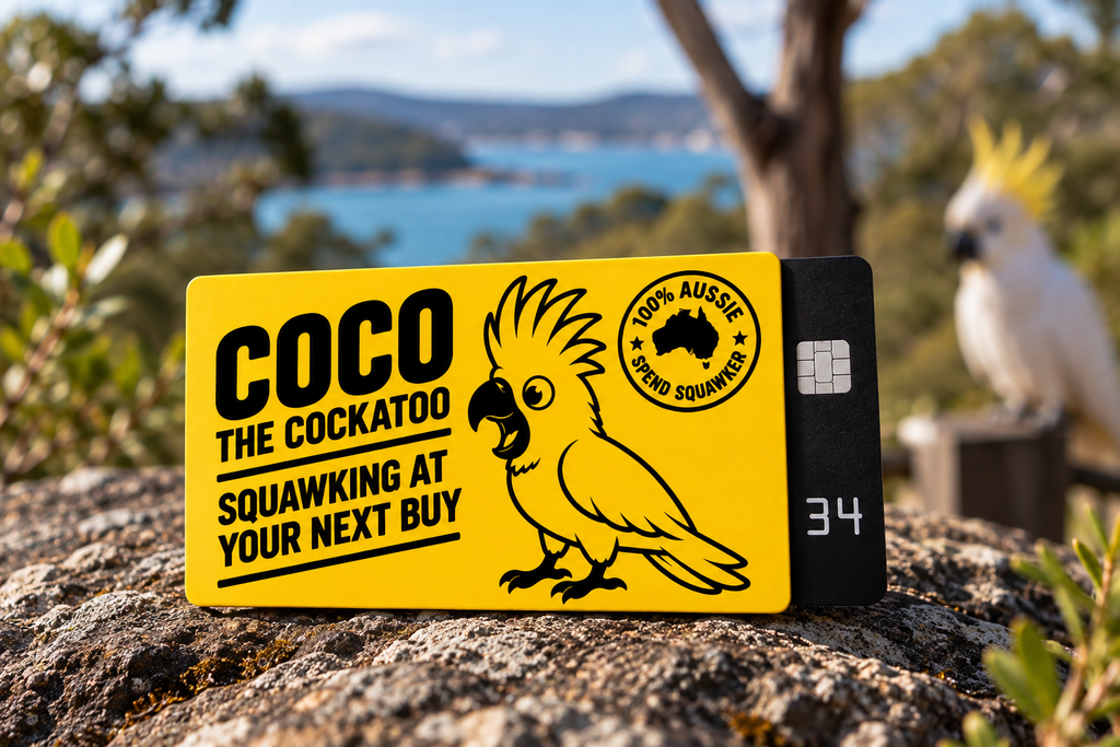 Coco the Cockatoo yellow card sleeve resting on a rock with a blurred cockatoo and Australian coastal bushland in the background.