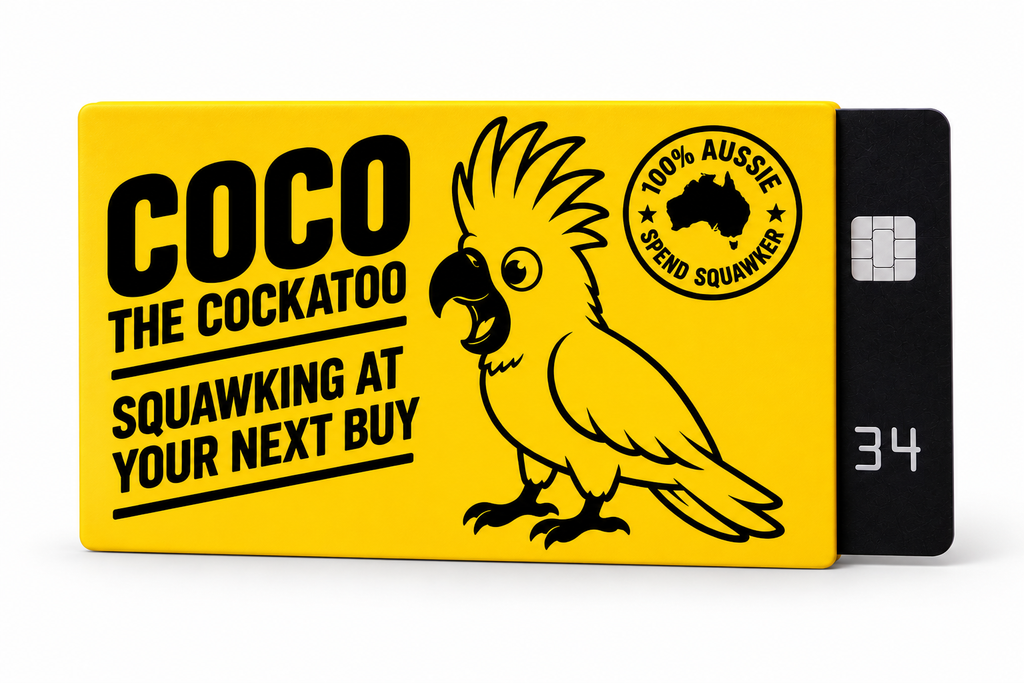 Coco the Cockatoo yellow card sleeve featuring the Spend Squawker design and black card holder.