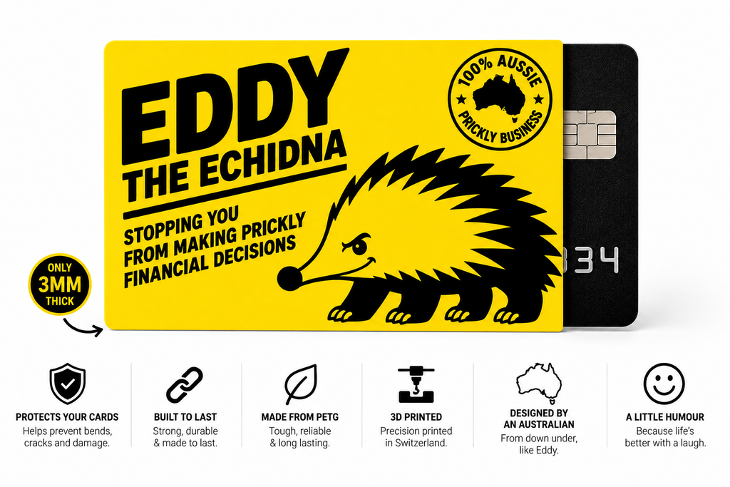 Eddy the Echidna yellow card sleeve infographic showing card protection, PETG construction, Swiss 3D printing and Australian design.