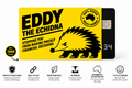 Eddy the Echidna yellow card sleeve infographic showing card protection, PETG construction, Swiss 3D printing and Australian design.