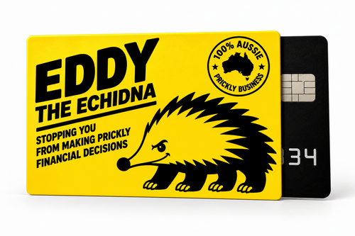 Eddy the Echidna yellow card sleeve featuring the Prickly Business design and black card holder.