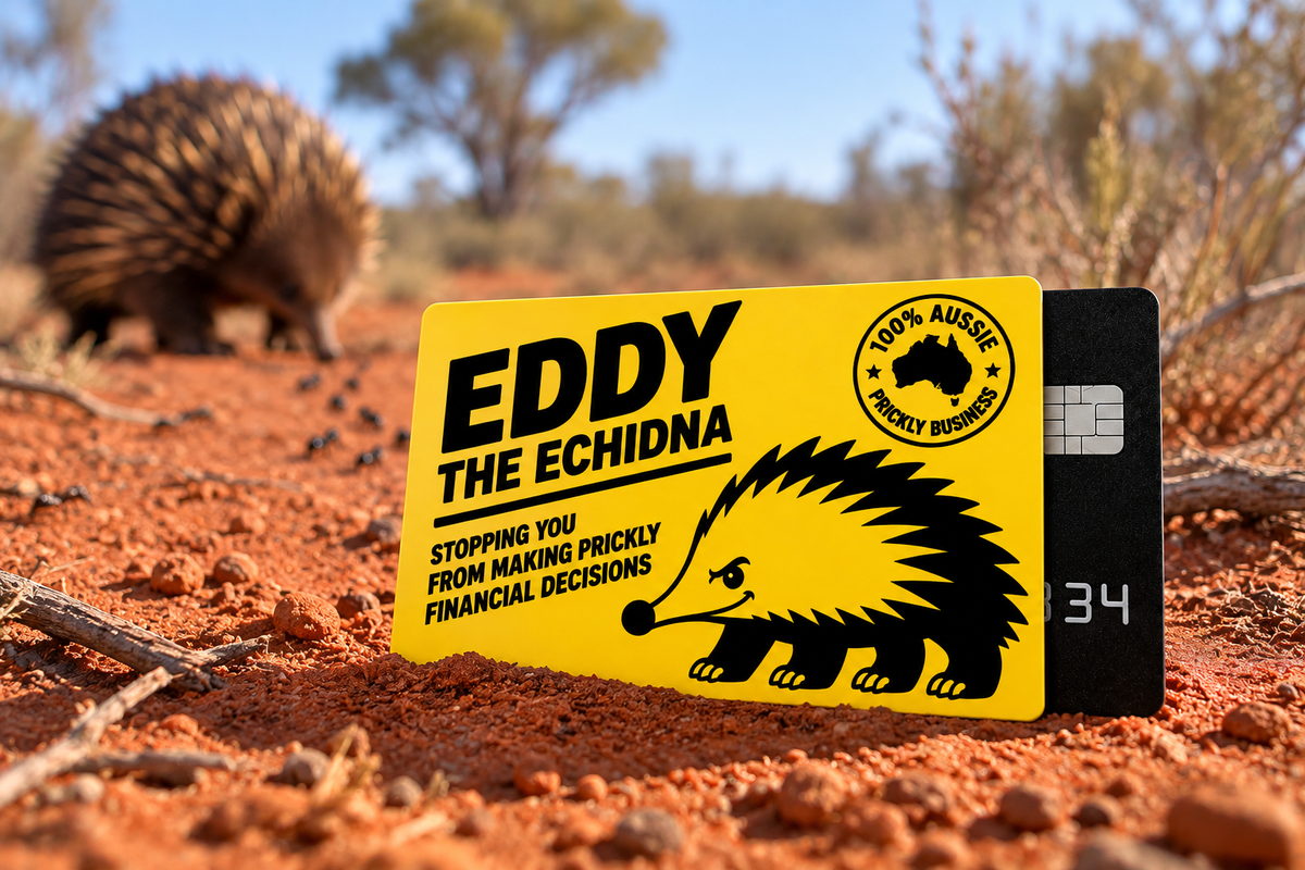Eddy the Echidna yellow card sleeve resting in red Australian outback soil with ants and a blurred echidna in the background.