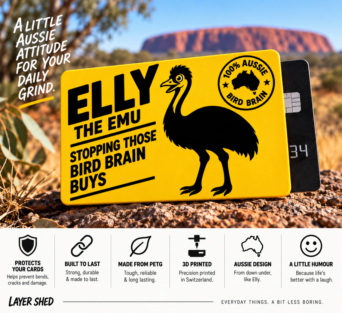 Elly the Emu yellow card sleeve infographic showing the 100% Aussie Bird Brain design, standard-sized card compatibility, durable PETG construction, card protection and Swiss-made Layer Shed product details.