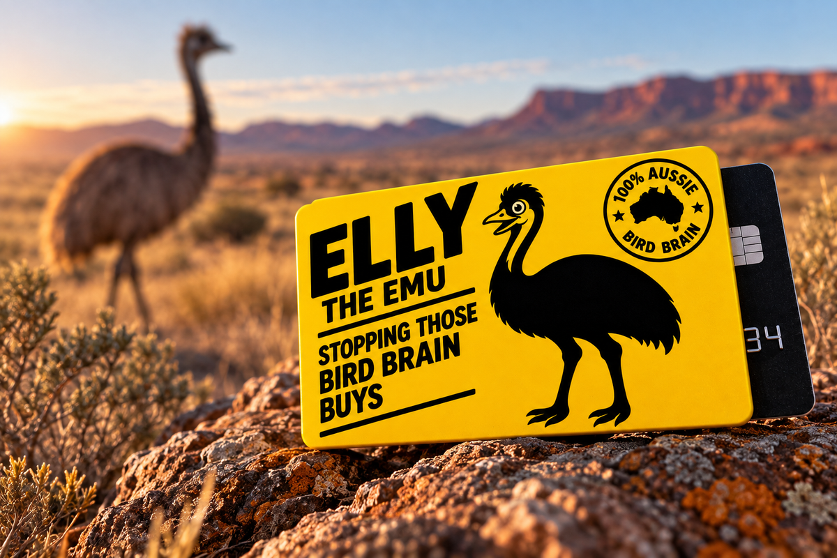 Elly the Emu yellow card sleeve resting on an Australian rock in the Flinders Ranges, with a heavily blurred emu and open outback landscape in the background.