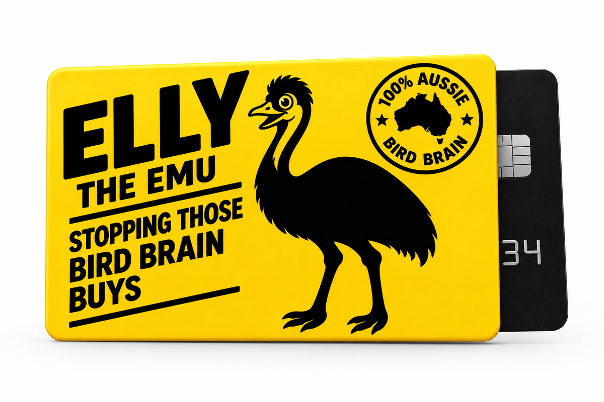 Elly the Emu yellow card sleeve displayed against a white background, featuring the black emu artwork, Bird Brain slogan and 100% Aussie insignia with a standard bank card inserted.