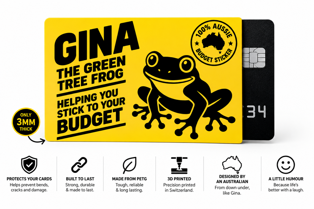 Gina the Green Tree Frog yellow card sleeve infographic showing card protection, PETG construction, Swiss 3D printing and Australian design.