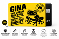 Gina the Green Tree Frog yellow card sleeve infographic showing card protection, PETG construction, Swiss 3D printing and Australian design.