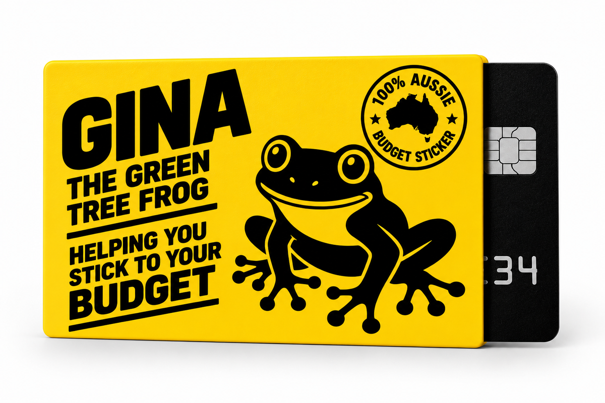 Gina the Green Tree Frog yellow card sleeve featuring the Helping You Stick to Your Budget design and black card holder