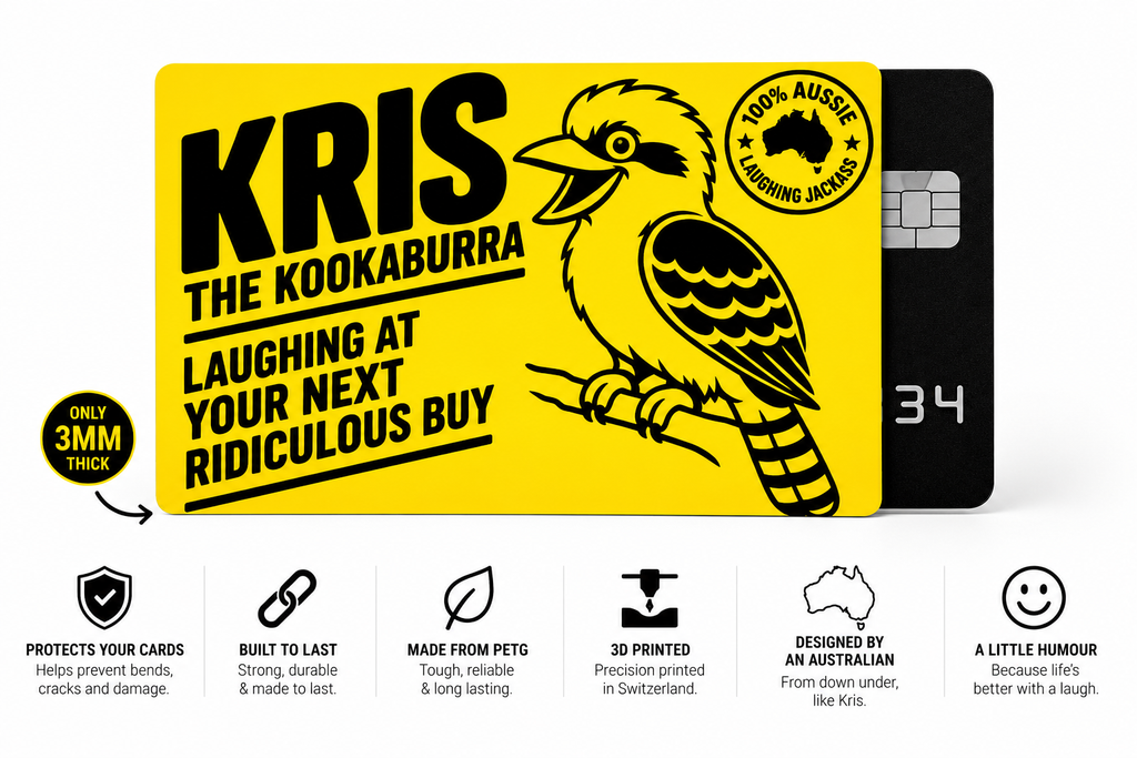 Kris the Kookaburra yellow card sleeve infographic showing card protection, PETG construction, Swiss 3D printing and Australian design.