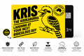 Kris the Kookaburra yellow card sleeve infographic showing card protection, PETG construction, Swiss 3D printing and Australian design.