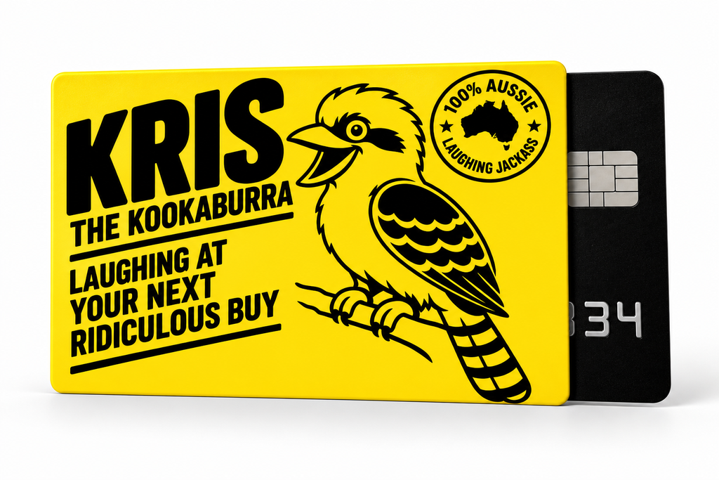 Kris the Kookaburra yellow card sleeve featuring the Laughing Jackass design and black card holder.