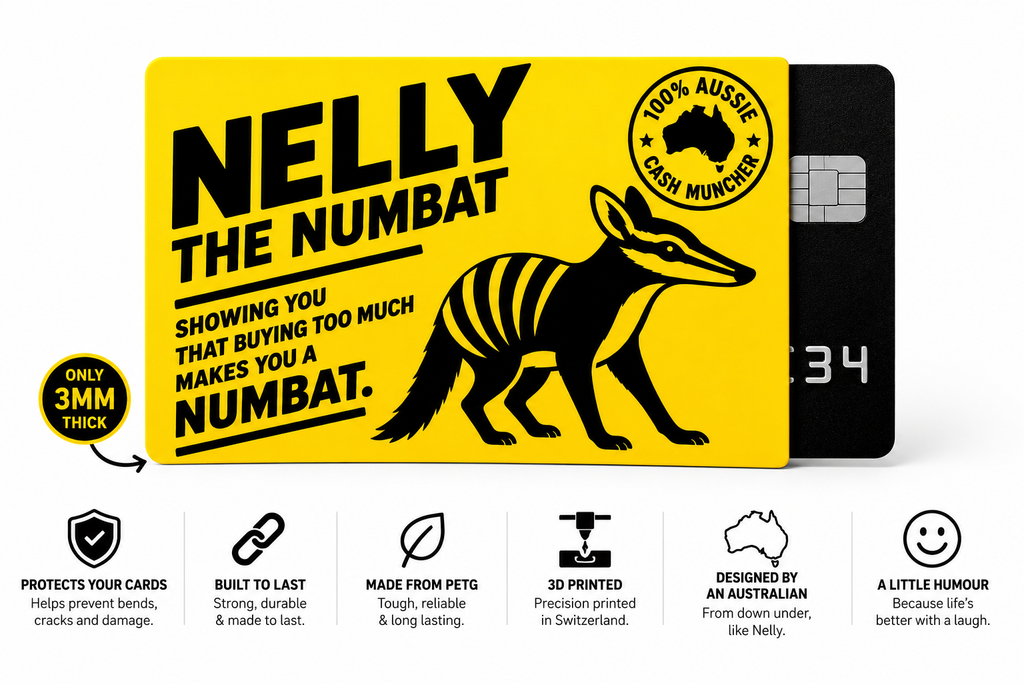 Nelly the Numbat yellow card sleeve infographic showing card protection, PETG construction, Swiss 3D printing and Australian design.