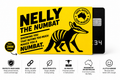 Nelly the Numbat yellow card sleeve infographic showing card protection, PETG construction, Swiss 3D printing and Australian design.
