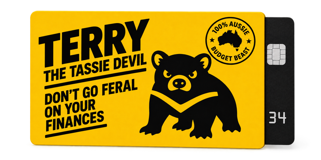 Terry the Tassie Devil yellow card sleeve with black Tassie Devil design and Budget Beast badge