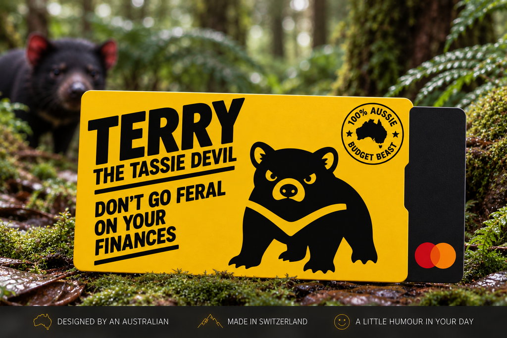 Terry the Tassie Devil yellow card sleeve on moss in a blurred Tasmanian Tarkine rainforest with a Tassie Devil in the background