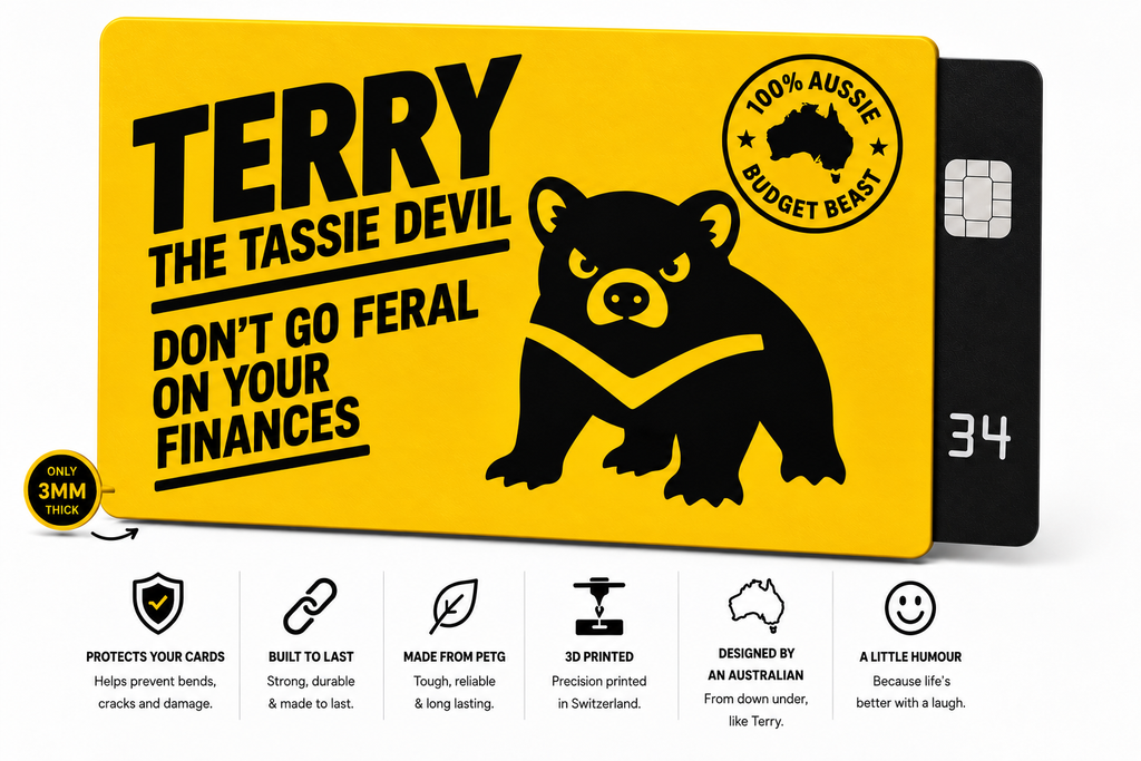 Terry the Tassie Devil yellow 3D printed card sleeve with Budget Beast design and card protection features