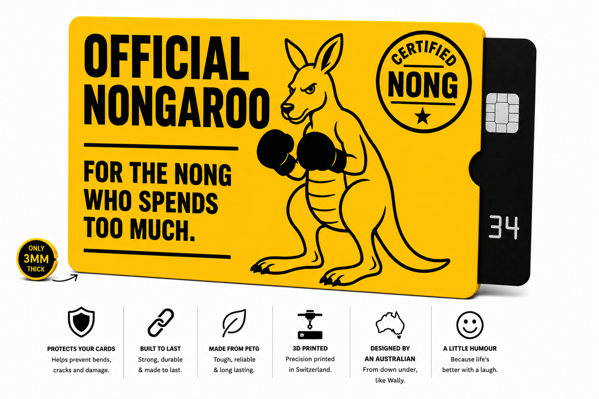 A novelty credit card-sized card featuring a bright yellow front with black text reading 'OFFICIAL NONGAROO FOR THE NONG WHO SPENDS TOO MUCH.' and a black-and-white kangaroo illustration lifting weights.