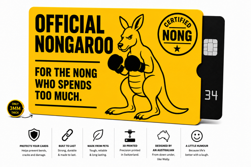 A novelty credit card-sized card featuring a bright yellow front with black text reading 'OFFICIAL NONGAROO FOR THE NONG WHO SPENDS TOO MUCH.' and a black-and-white kangaroo illustration lifting weights.
